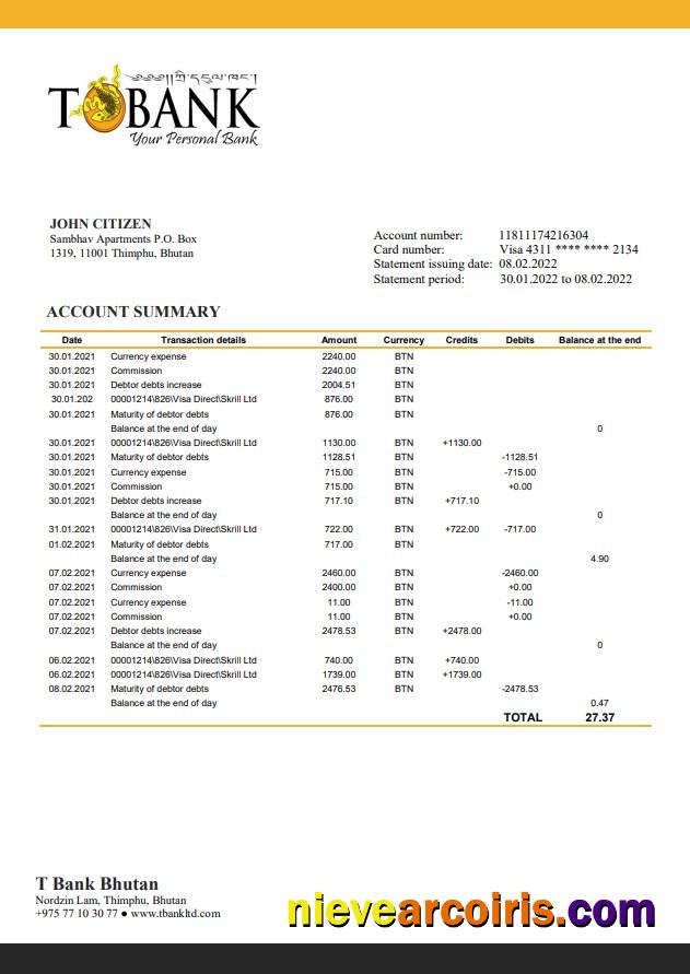Bhutan T Bank statement